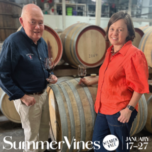 Colin and Elspeth Kay standing in the Kay Brothers cellars